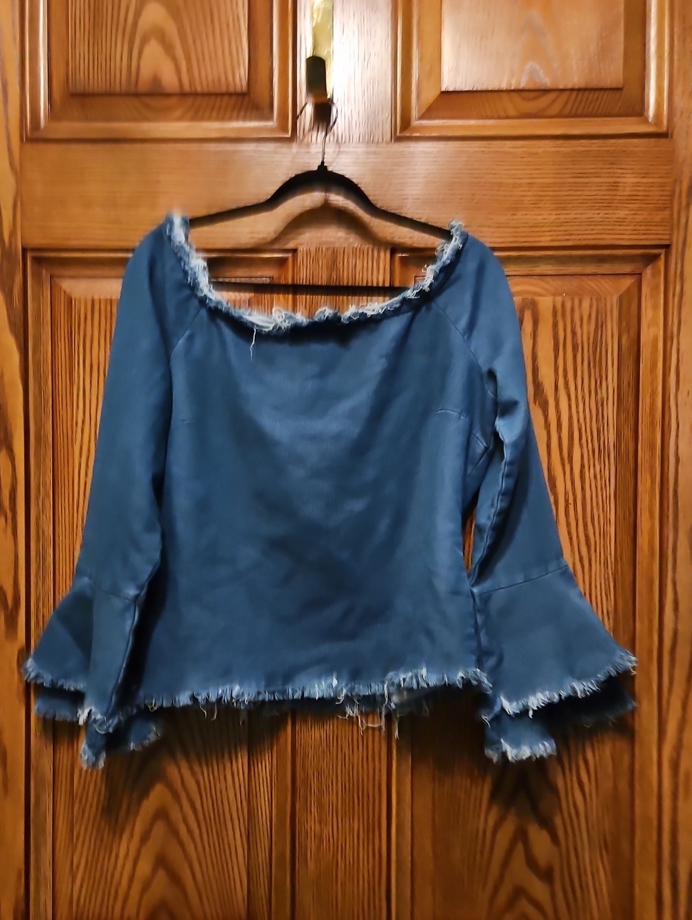 Venus of Cortland Blue Frayed Bell Sleeve Long Sleeve Top